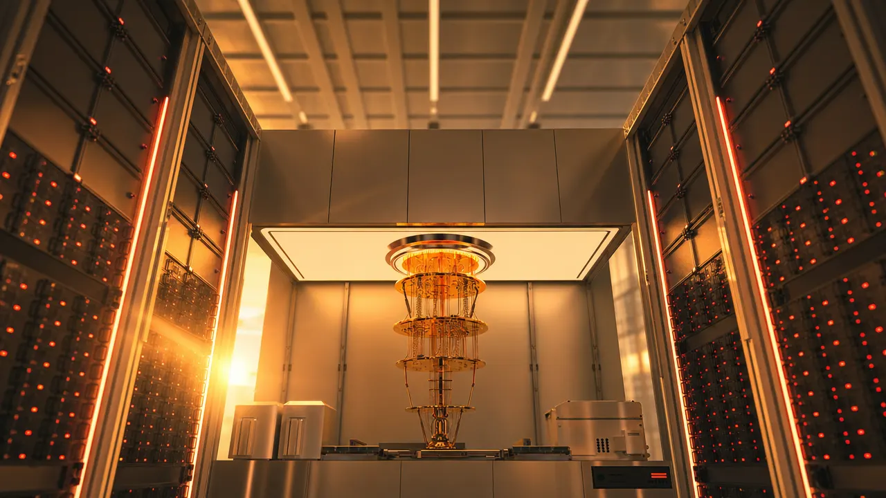 Sala de computação quantica com racks de servidores e luzes em tom dourado, conectados a um módulo de experimento com estrutura metálica central e iluminação de laboratório.