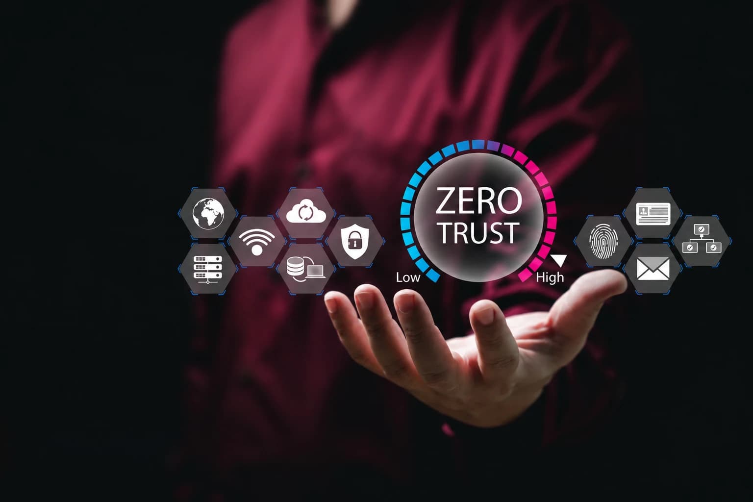 Zero Trust com um círculo central “ZERO TRUST”, indicador de confiança de Low a High e ícones de segurança como cadeado, rede e biometria sobre mãos em fundo escuro com luzes rosa.