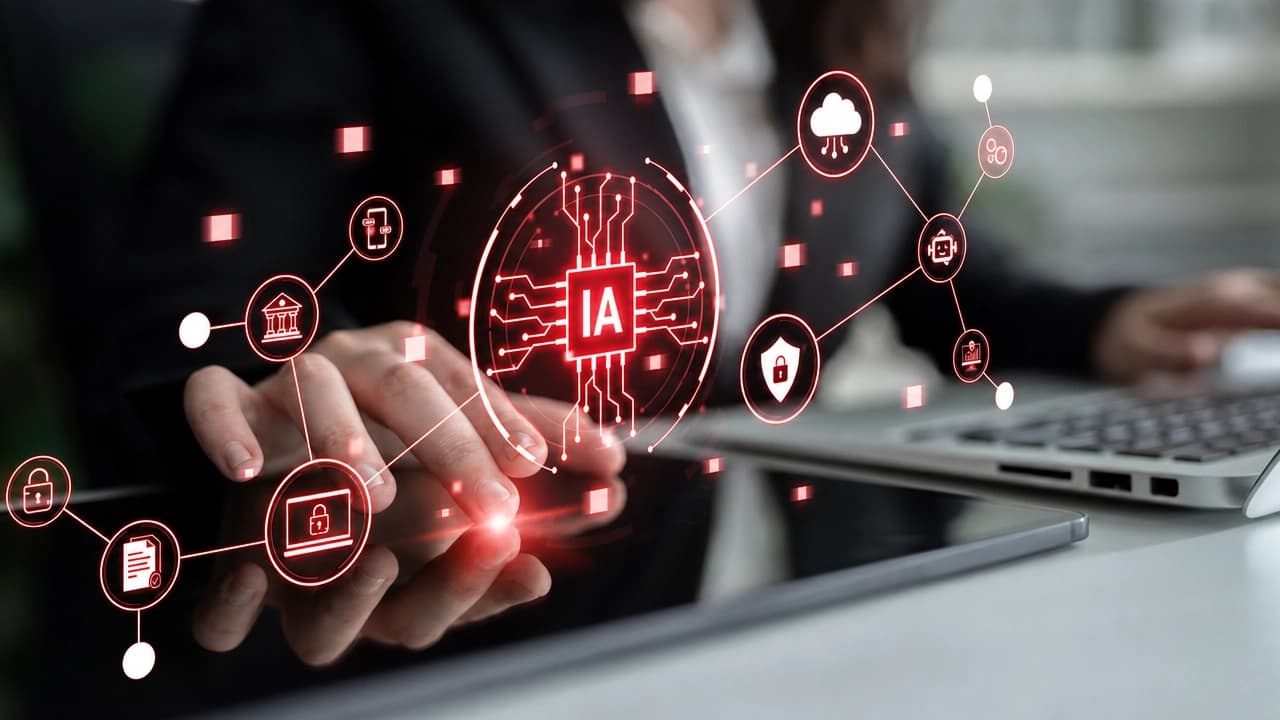 Mão segurando ícone holográfico com circuito e letras IA, cercado por símbolos de segurança digital como cadeados e redes em um cenário de colaboração global com tecnologia e laptop ao fundo.