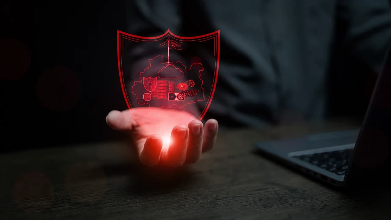 Mão em primeiro plano segurando um escudo digital em estilo holográfico com ícones de tecnologia, sugerindo proteção e soberania digital. Ao fundo, notebook na mesa.
