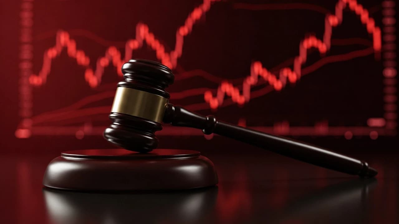 Martelo da justiça sobre uma base com gráfico financeiro em vermelho ao fundo, simbolizando tecnologia e dados para acelerar processos da Justiça, tema ligado à USP.