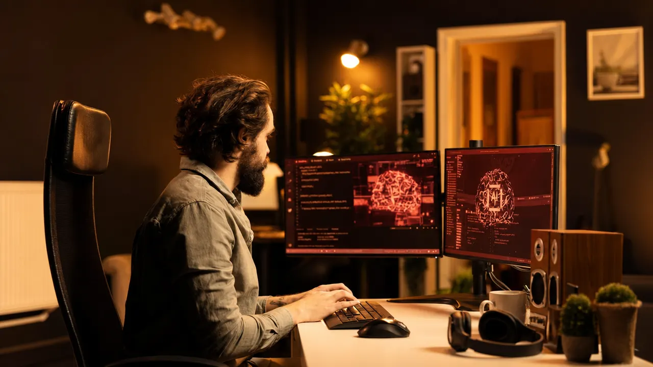Homem trabalhando em um computador com telas de código e modelos de IA, em ambiente de escritório com iluminação vermelha, ilustrando quatro caminhos para reduzir custos com IA
