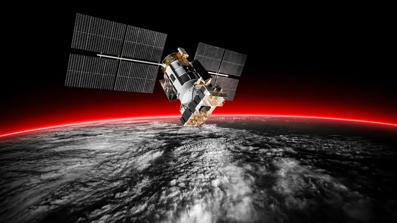 Satélite artificial em órbita acima da Terra, com painéis solares visíveis e a linha do horizonte do planeta ao fundo, representando infraestrutura de comunicação e operações espaciais.