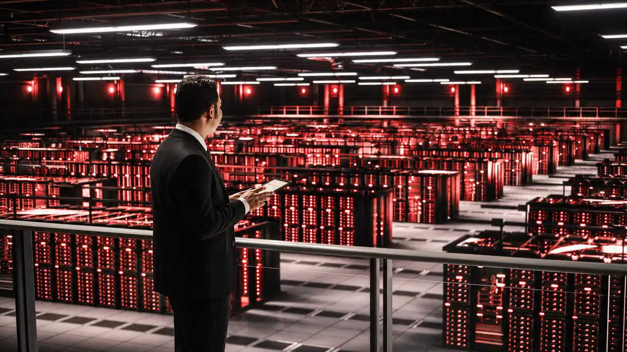 Servidores em um data center com racks iluminados por luzes vermelhas e arquitetura tecnológica de alta performance.