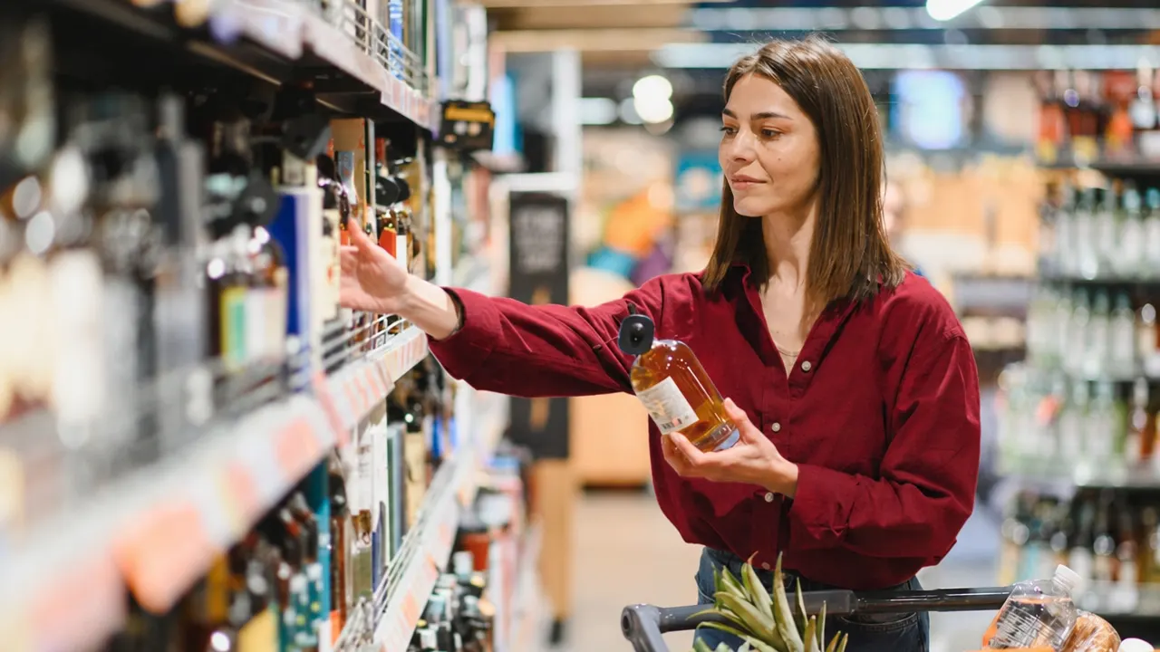 Loja de varejo preço analisando produtos na prateleira, segurando embalagem e oferecendo atendimento ao cliente em supermercado.