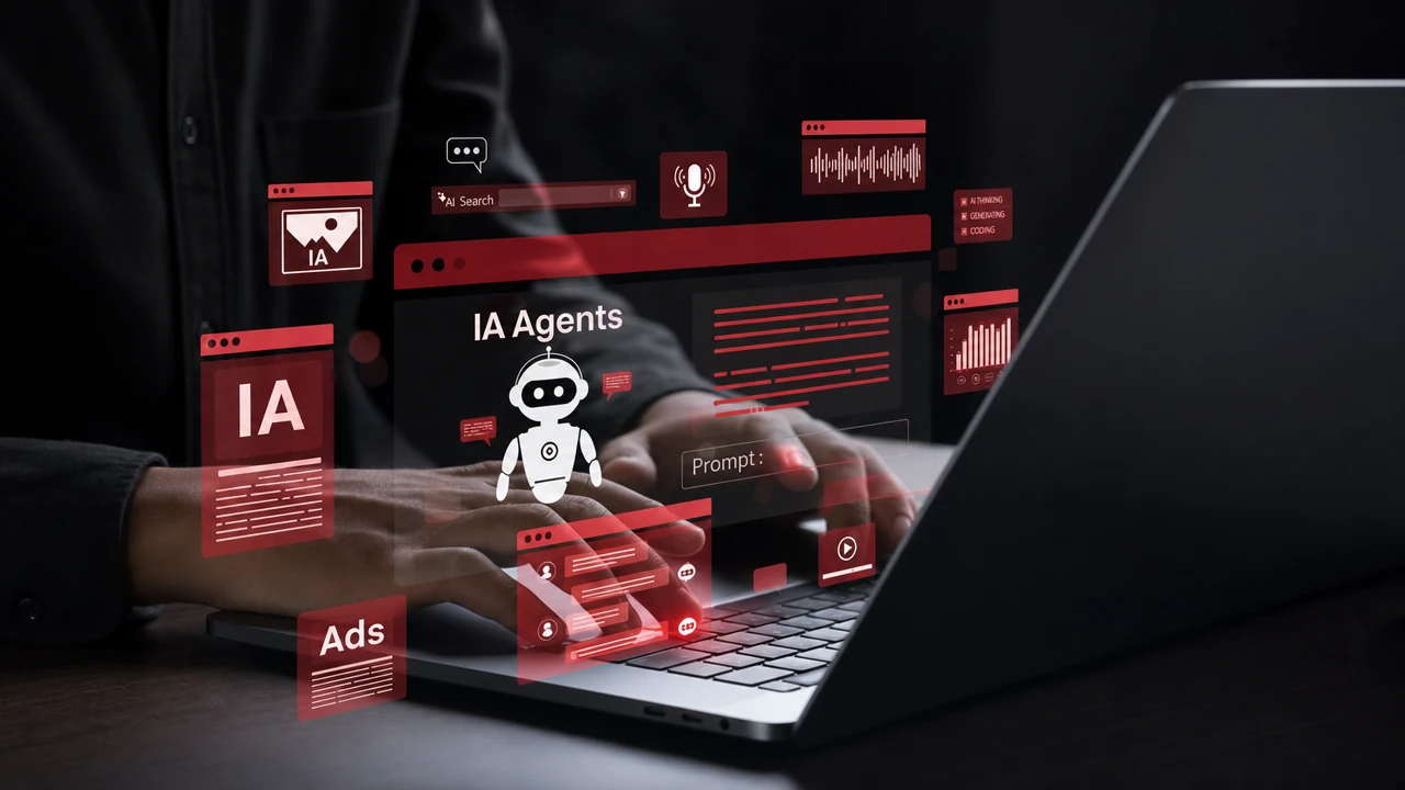 Pessoa trabalhando em notebook com interface digital de IA em estilo futurista, mostrando o texto “IA Agents”, elementos de busca, anúncios e painéis de análise em vermelho e branco.