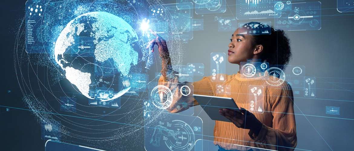 mulher interage com um display tecnológico baseado em inteligência artificial
