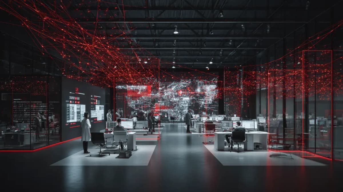 Ambiente de tecnologia avançada com display digital e conexões de rede que representam o impacto do 5G e edge computing nos negócios modernos.