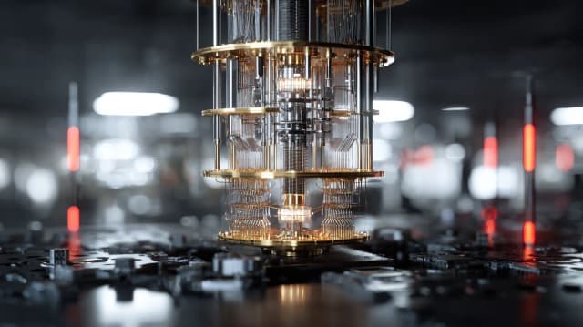 Imagem que representa um circuito de computação quântica com componentes futuristas, simbolizando a avançada tecnologia nos negócios e seu potencial impacto.