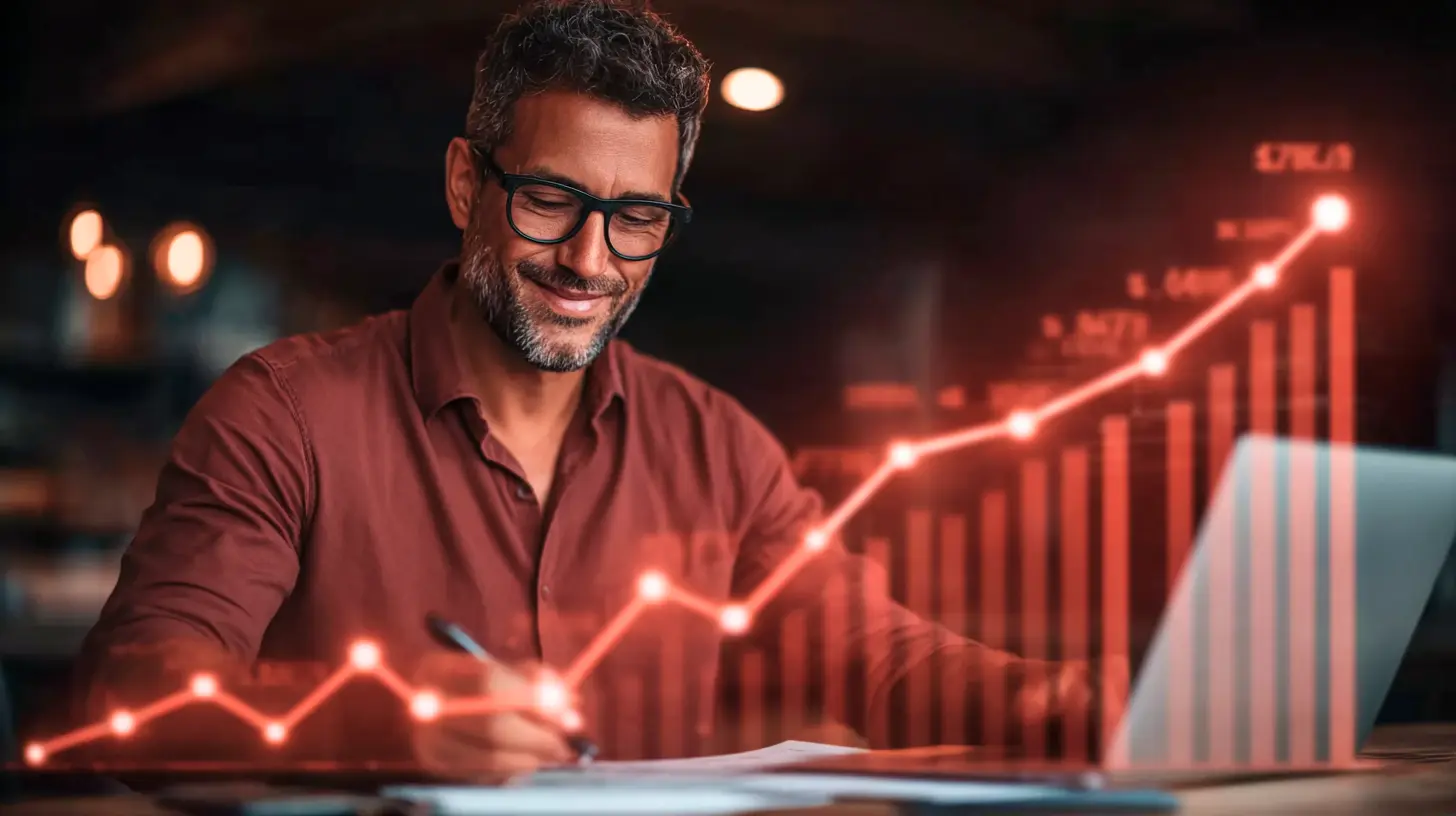 Homem sorridente analisando crescimento de investimentos em telecom, destacando o investimento de R$ 16,5 bilhões no primeiro semestre de 2025 com foco em 5G.