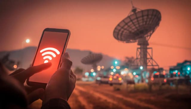 Satélite de comunicações em uso para fornecer conectividade em áreas remotas, destacando a importância de satélites para inclusão digital e desenvolvimento.