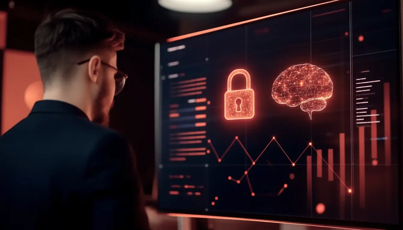 Especialista em cibersegurança analisando gráficos digitais de segurança e inteligência artificial em tela de computador moderna.