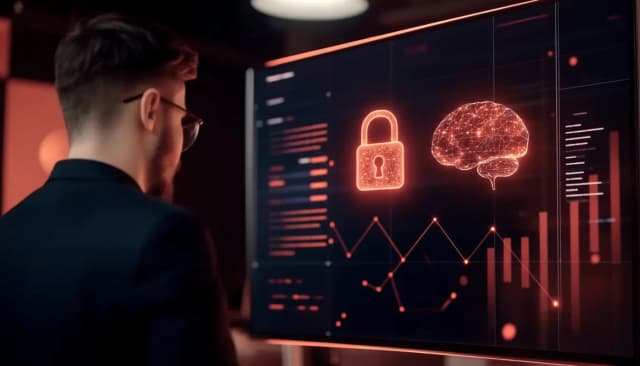 Especialista em cibersegurança analisando gráficos digitais de segurança e inteligência artificial em tela de computador moderna.