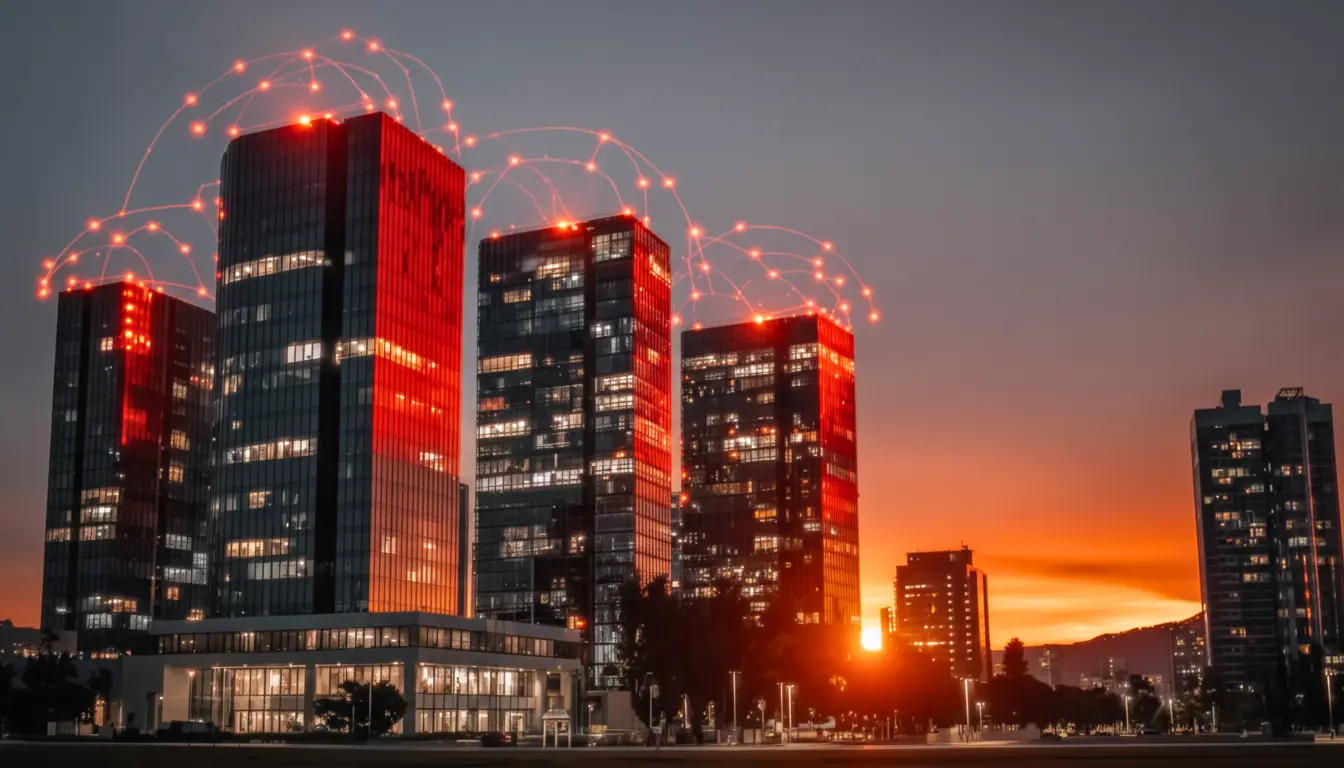Edifícios modernos com tecnologia avançada, exibindo sinais de conexão inteligente, representando inovação na construção de edifícios inteligentes ao pôr do sol.