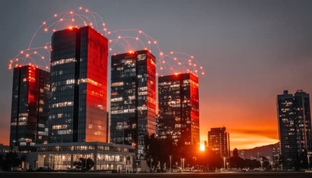 Edifícios modernos com tecnologia avançada, exibindo sinais de conexão inteligente, representando inovação na construção de edifícios inteligentes ao pôr do sol.