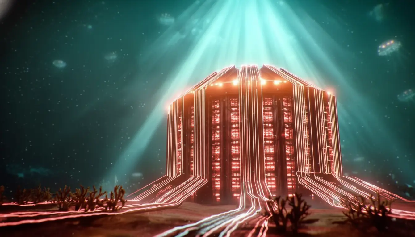 Uum datacenter subaquático futurista com iluminação neon e estrutura tecnológica sob o oceano, destacando a inovação na tecnologia de data centers mergulhados.