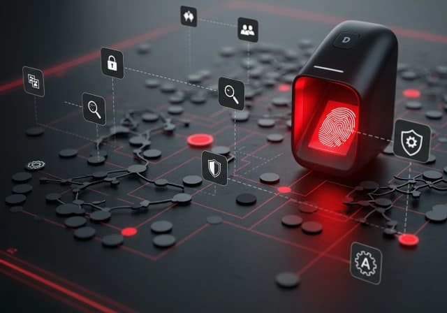 Tecnologia com foco em hipersonalização, destaque para uma chave de segurança com impressão digital, ícones de segurança, privacidade e personalização digital