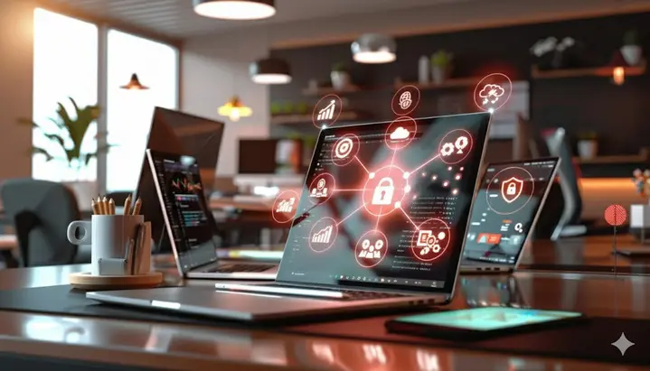 Imagem de um ambiente de escritório moderno com laptops exibindo aplicativos de segurança digital e tecnologia de proteção de dados