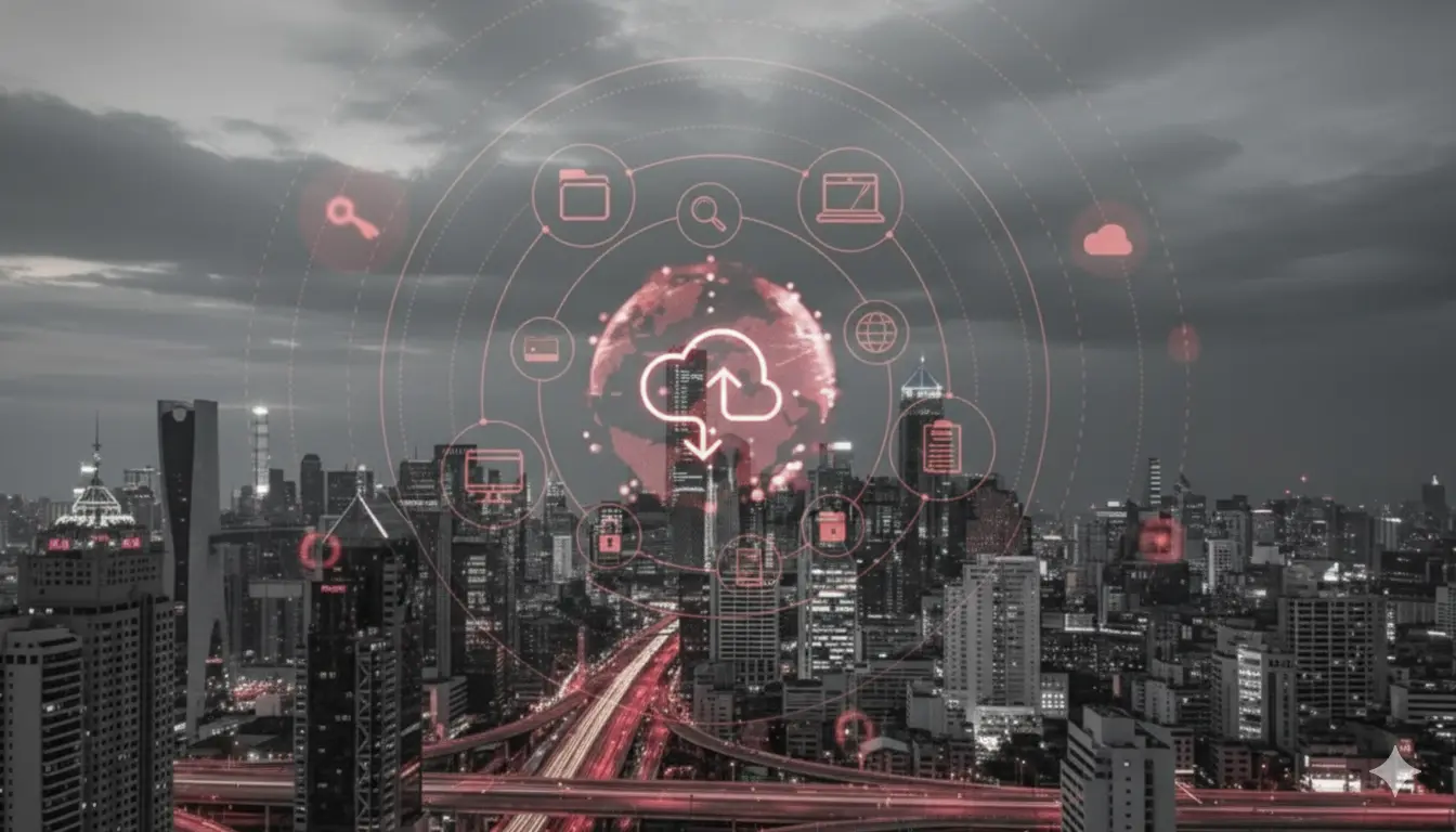 Ecossistema de serviços em nuvem com elementos tecnológicos, nuvem, mundo digital e infraestrutura de cidade moderna ao fundo.