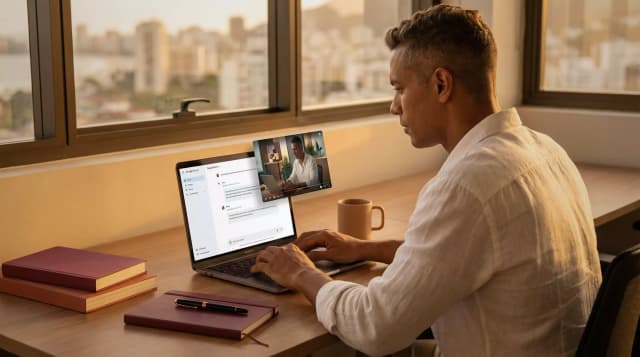 Homem criando vídeo com IA em ambiente de escritório em frente a uma janela com vista para a cidade ao pôr do sol, usando laptop portátil.