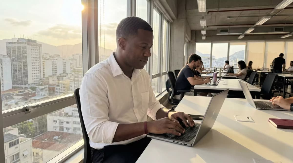 Líder em cenário de incerteza trabalhando com foco utilizando laptop em ambiente de escritório moderno com vista urbana ao fundo.