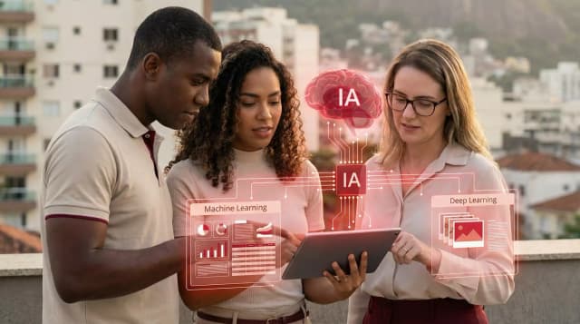 Três pessoas discutem sobre Machine Learning e Deep Learning ao ar livre no Rio de Janeiro, com hologramas discretos e iluminação quente, em uma cena realista e moderna.