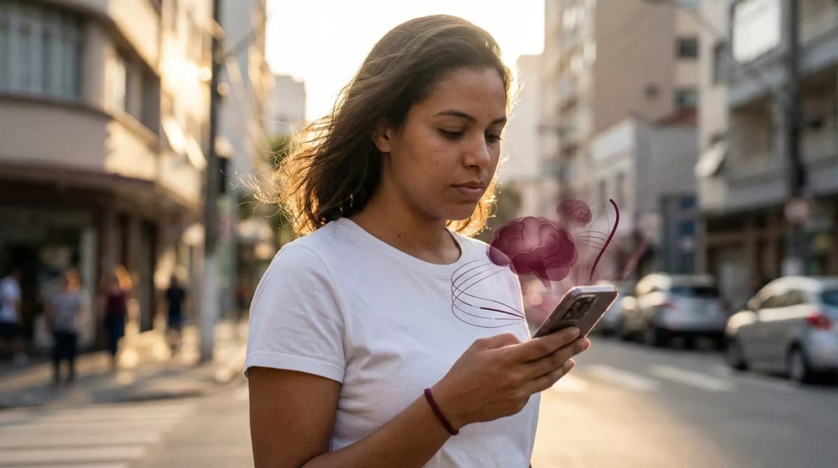 Mulher jovem usando smartphone na rua com ilustrações de IA e fumaça roxa, simbolizando a adoção de inteligência artificial no Brasil e suas desigualdades