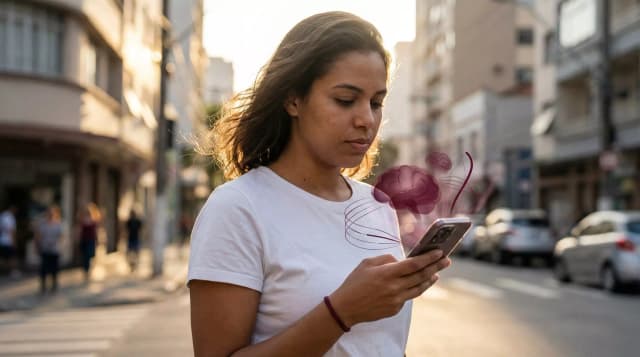 Mulher jovem usando smartphone na rua com ilustrações de IA e fumaça roxa, simbolizando a adoção de inteligência artificial no Brasil e suas desigualdades