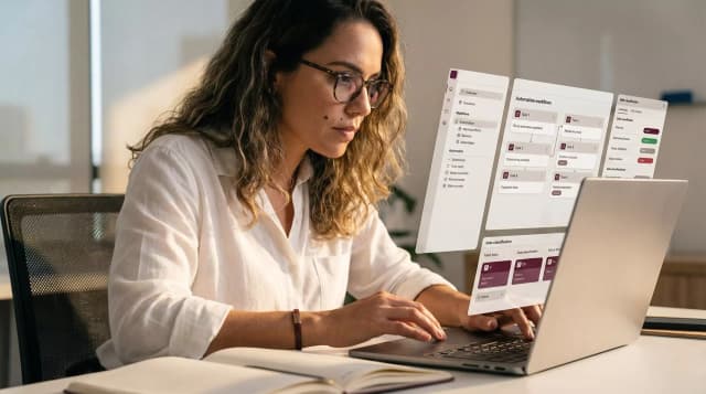 Profissional usando tecnologia de IA na automação de processos, com painéis digitais e um laptop, destacando inovação e eficiência na gestão de tarefas.