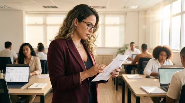 Profissional de negócios analisando documentos em ambiente de escritório moderno focado em superfluidez nos negócios com tecnologia e inovação.