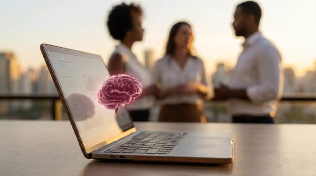 Notebook em foco sobre uma mesa em ambiente externo, representando inteligência artificial, ao fundo, pessoas aparecem desfocadas em contexto de colaboração