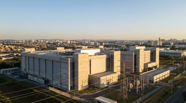 Data center no Brasil ao entardecer, com linhas de transmissão de energia em primeiro plano e área urbana do Sudeste ao fundo