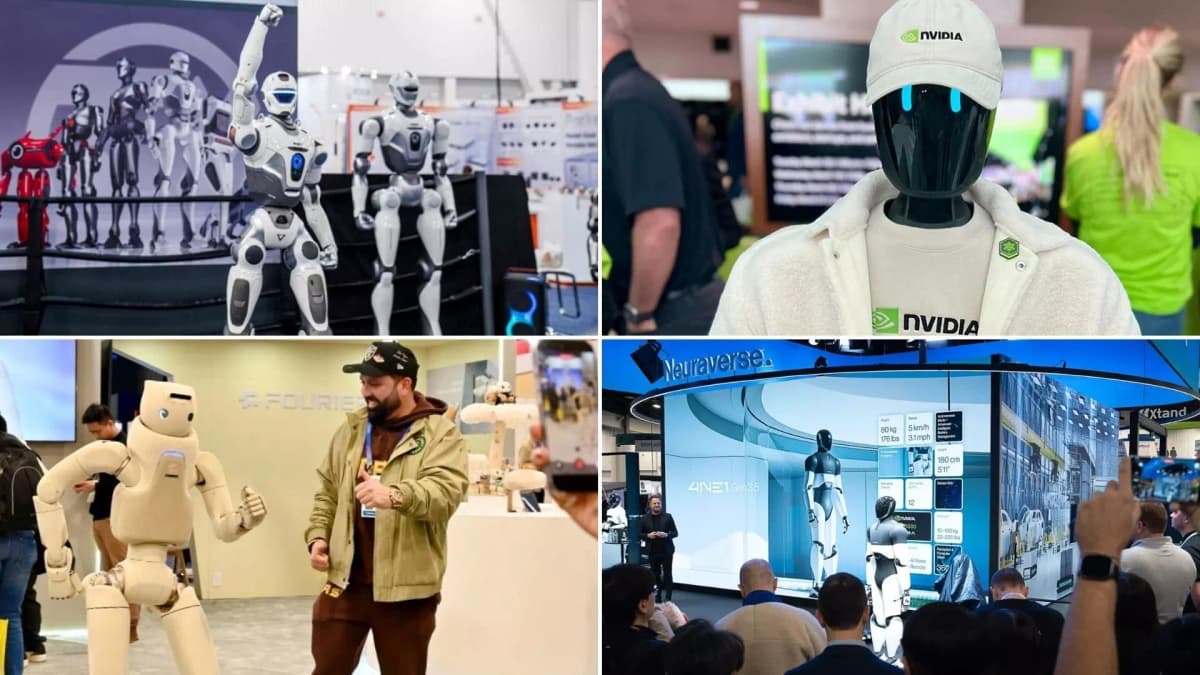 Exemplos de robótica na CES 2026, incluindo robôs humanoides, assistentes de IA, e demonstrações tecnológicas apoiadas por inteligência artificial.