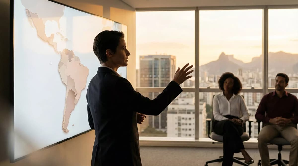 Pessoa apresenta em uma sala de reunião corporativa enquanto um painel exibe o mapa da América Latina. A cena representa o crescimento e o amadurecimento do mercado de tecnologia da informação na região.
