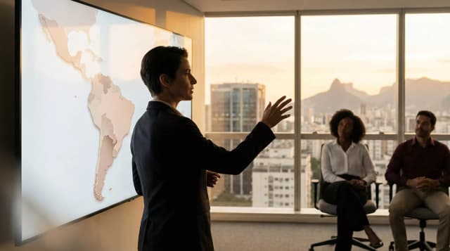 Pessoa apresenta em uma sala de reunião corporativa enquanto um painel exibe o mapa da América Latina. A cena representa o crescimento e o amadurecimento do mercado de tecnologia da informação na região.