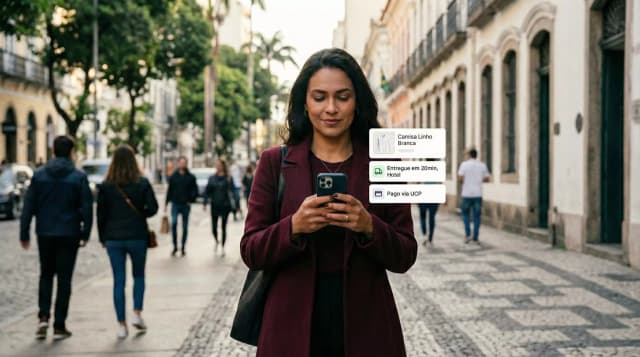 Mulher caminha por uma rua urbana usando o celular enquanto uma interface digital exibe compra feita por conversa com IA