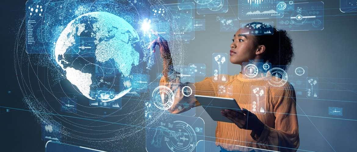 mulher interage com um display tecnológico baseado em inteligência artificial