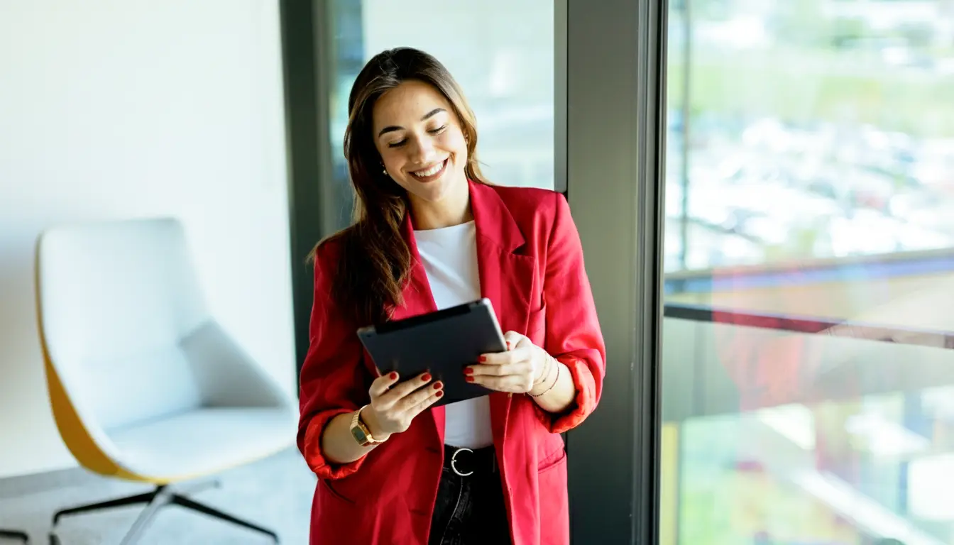 Mulher sorridente usando blazer vermelho e olhando para tablet em ambiente de escritório ao lado de janela