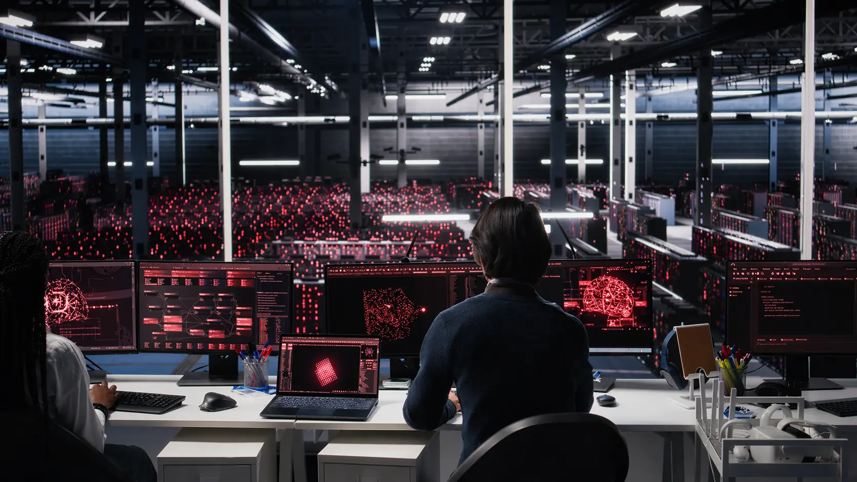 Operadores de data center monitorando servidores, reforçando a importância do setor para o crescimento digital.