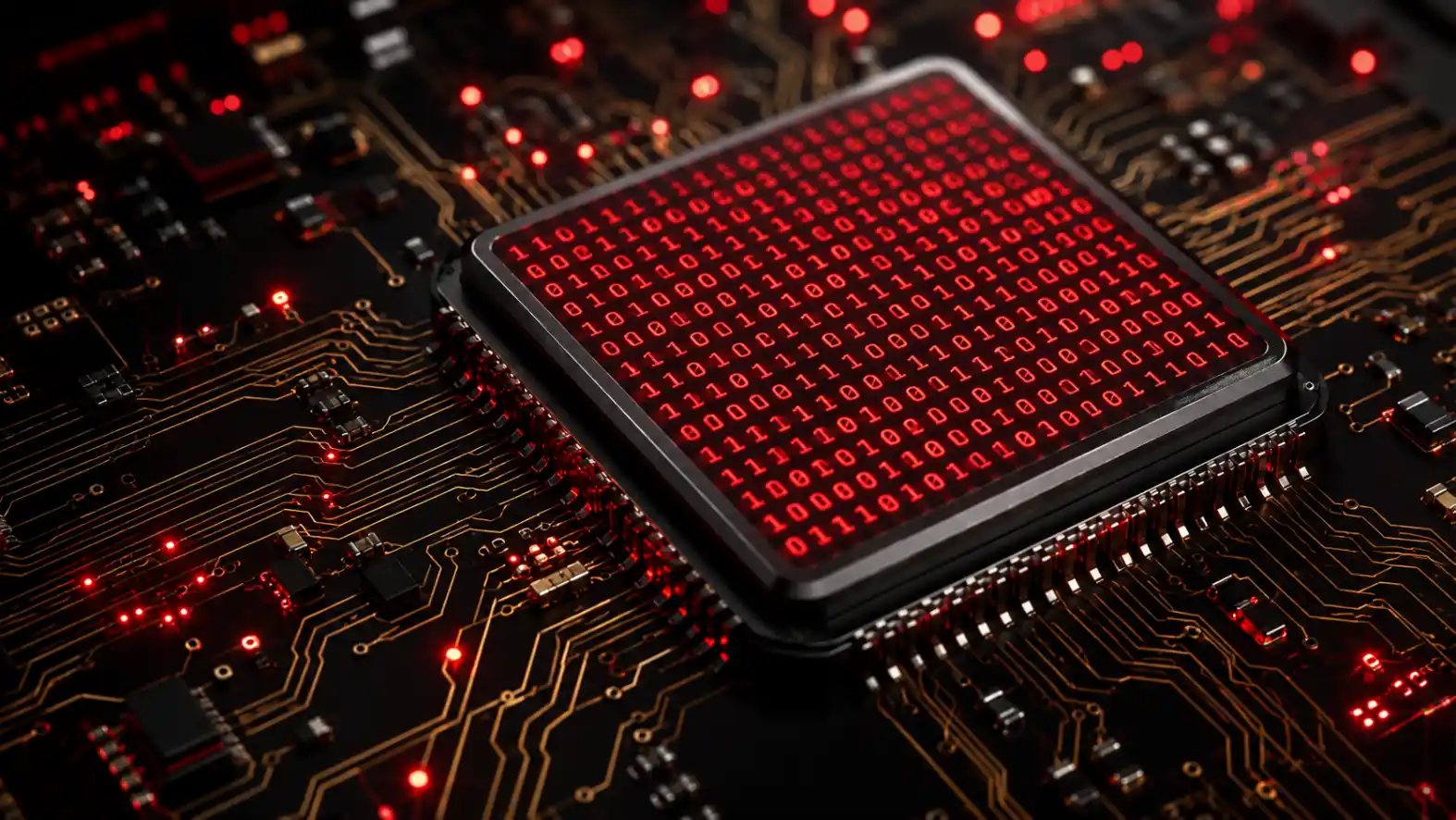 Chip semicondutor em destaque sobre uma placa de circuito com trilhas eletrônicas e pontos luminosos em vermelho, representando computação e aplicações de tecnologia quântica da teoria aos casos de uso reais.