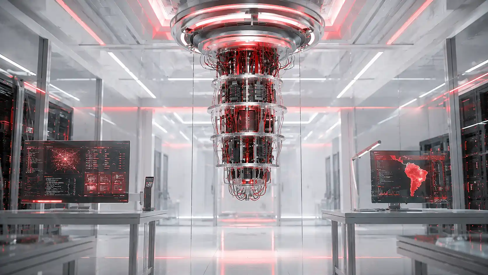Ambiente de laboratório com um sistema de computação quântica em destaque no centro