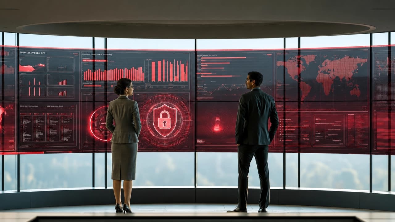 Dois executivos, um homem e uma mulher vistos de costas, observam um grande painel digital curvo. A tela exibe gráficos luminosos em tons de vermelho, um mapa-múndi e um ícone central de escudo com cadeado, ilustrando o monitoramento estratégico e corporativo da cibersegurança.