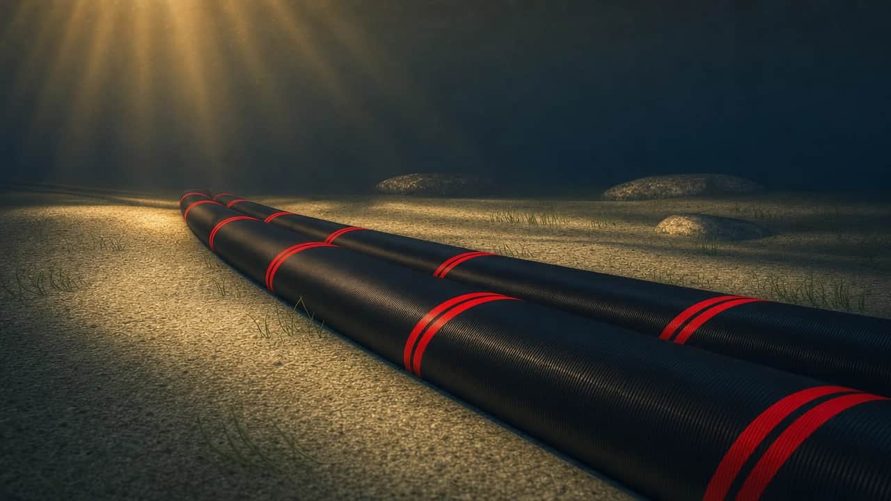 Dois tubos flexíveis escuros com listras vermelhas estendidos no chão de concreto, em um cenário escuro com iluminação dramática e fundo desfocado, com aparência de equipamento industrial.