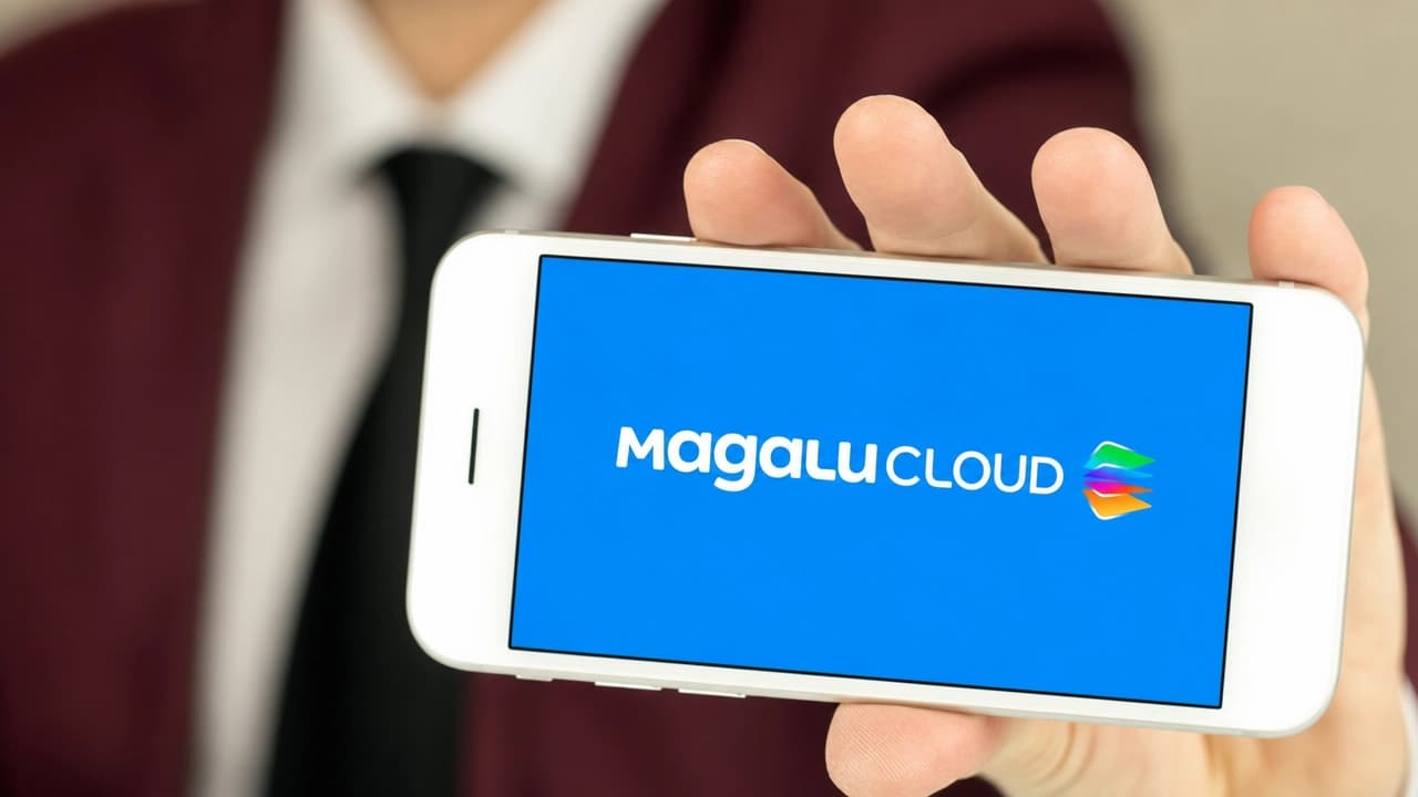Pessoa em traje social segura um dispositivo com o logo da Magalu destacando a Magalu Cloud em contexto de investimento e expansão.