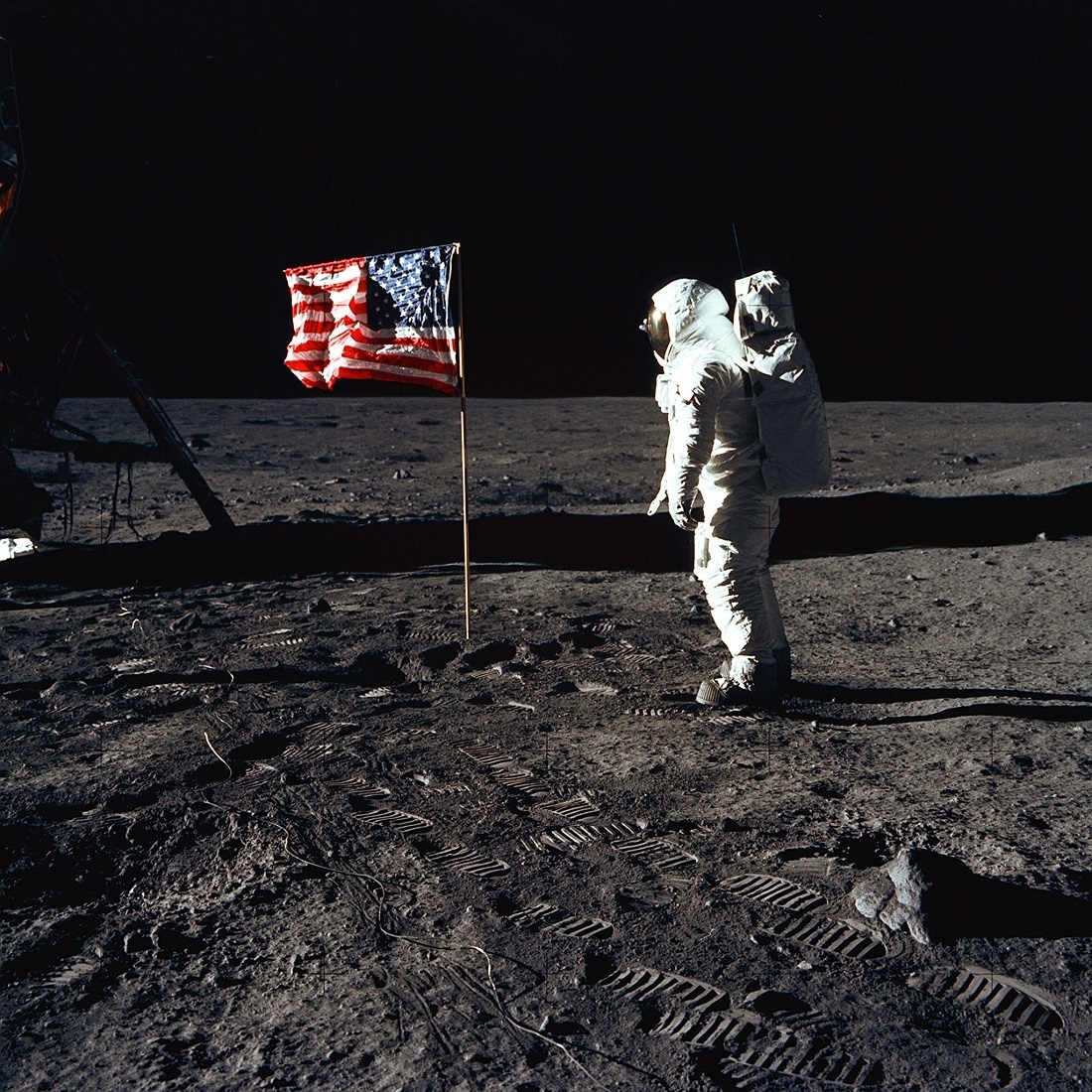 Imagem do astronauta Buzz Aldrin e a bandeira dos Estados Unidos