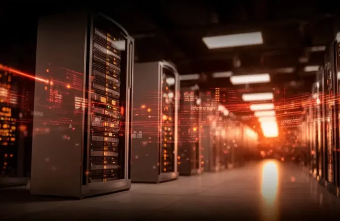 Data centers com servidores em um ambiente de alta tecnologia representando a observabilidade de rede corporativa, crucial para gerenciamento eficiente.