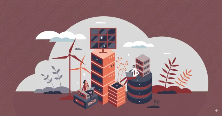 Ilustração de datacenter ecológico com painéis solares, turbinas eólicas e tecnologias sustentáveis, promovendo práticas ESG