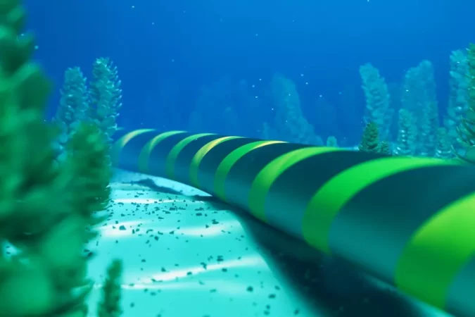 Cabo submarino iluminado no fundo do oceano, rodeado por plantas marinhas, simbolizando infraestrutura de comunicação submarina.