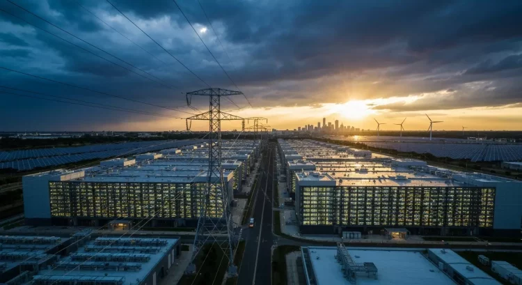 Centro de data centers usando energia sustentável com painéis solares e torres de energia eólica ao por do sol, evidenciando o uso de energia renovável em infraestrutura de TI.