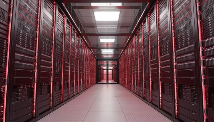 Interior de um grande datacenter com corredores repletos de racks de servidores e discos rígidos, destacando a infraestrutura avançada de computação em nuvem.